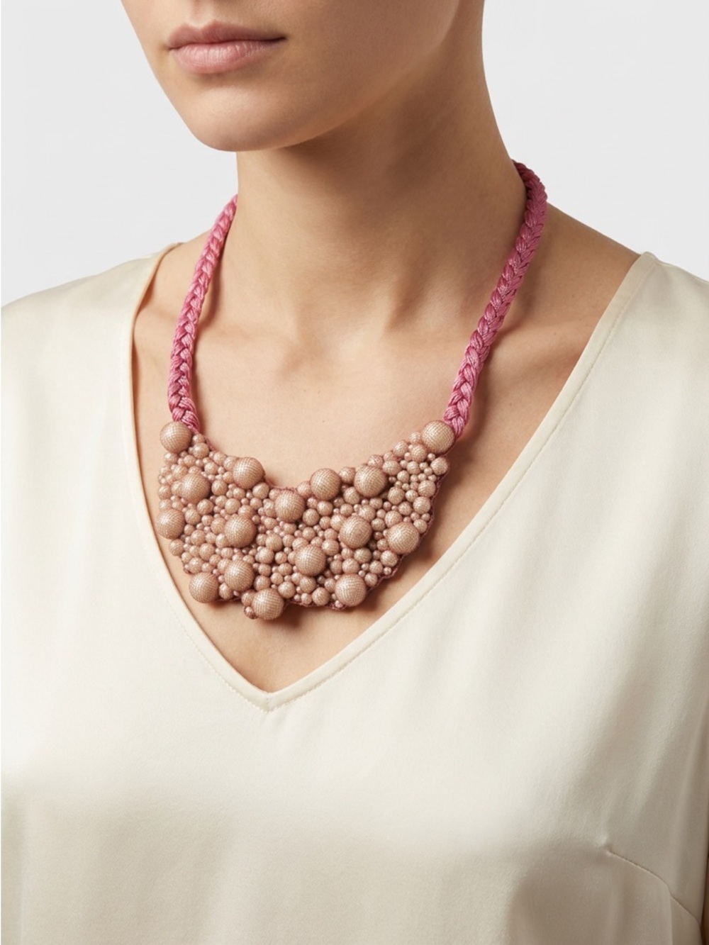 Pink & Champagne Beaded Bib Statement Necklace • 12" Braided Cord Collar
